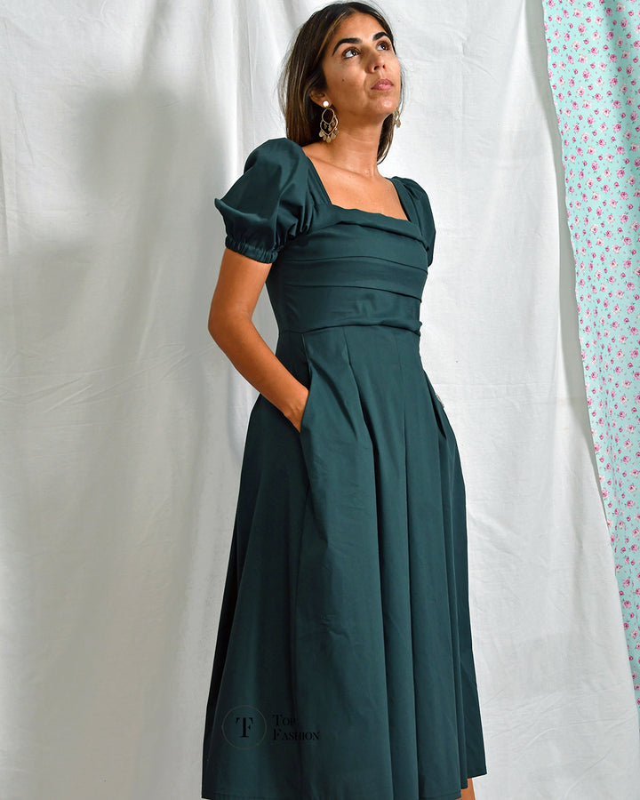 Vestido Midi Verde com Pregas