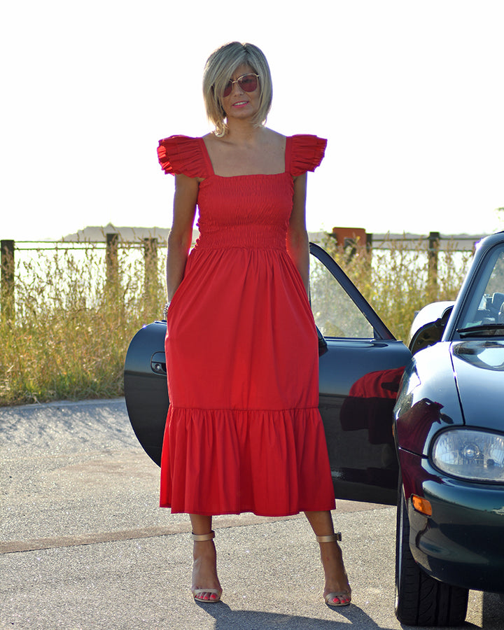 Vestido com Folhos Vermelho de Alças e Elástico