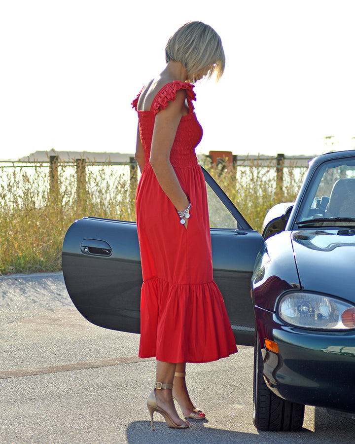 Vestido com Folhos Vermelho de Alças e Elástico