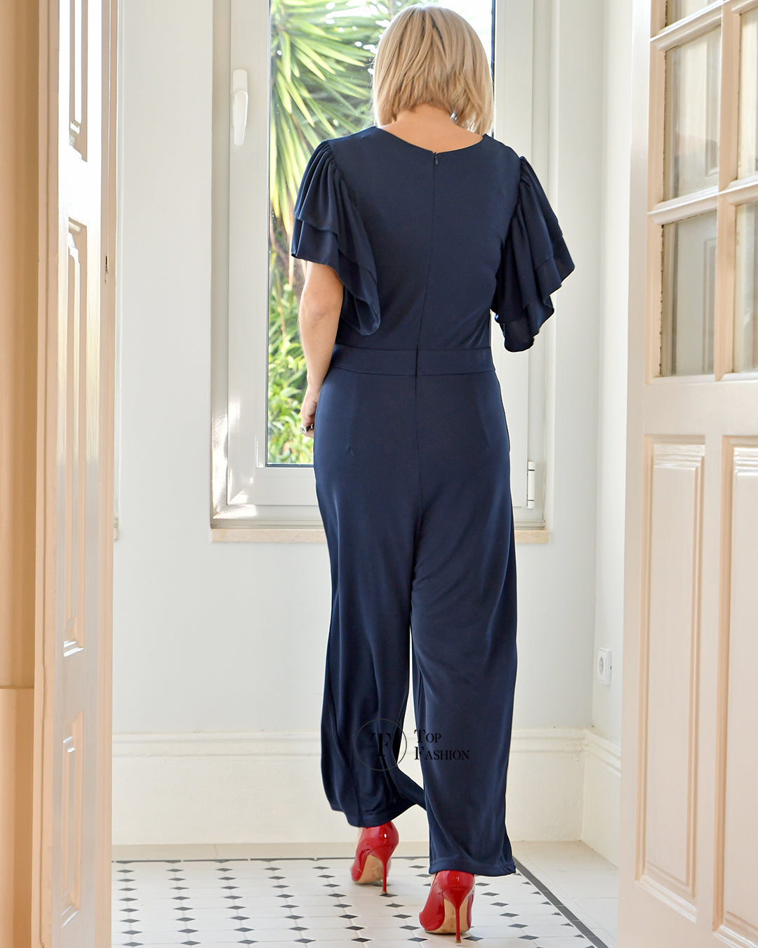 Jumpsuit Malha Fria Azul sem Manga com Folhos