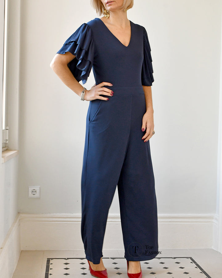 Jumpsuit Malha Fria Azul sem Manga com Folhos