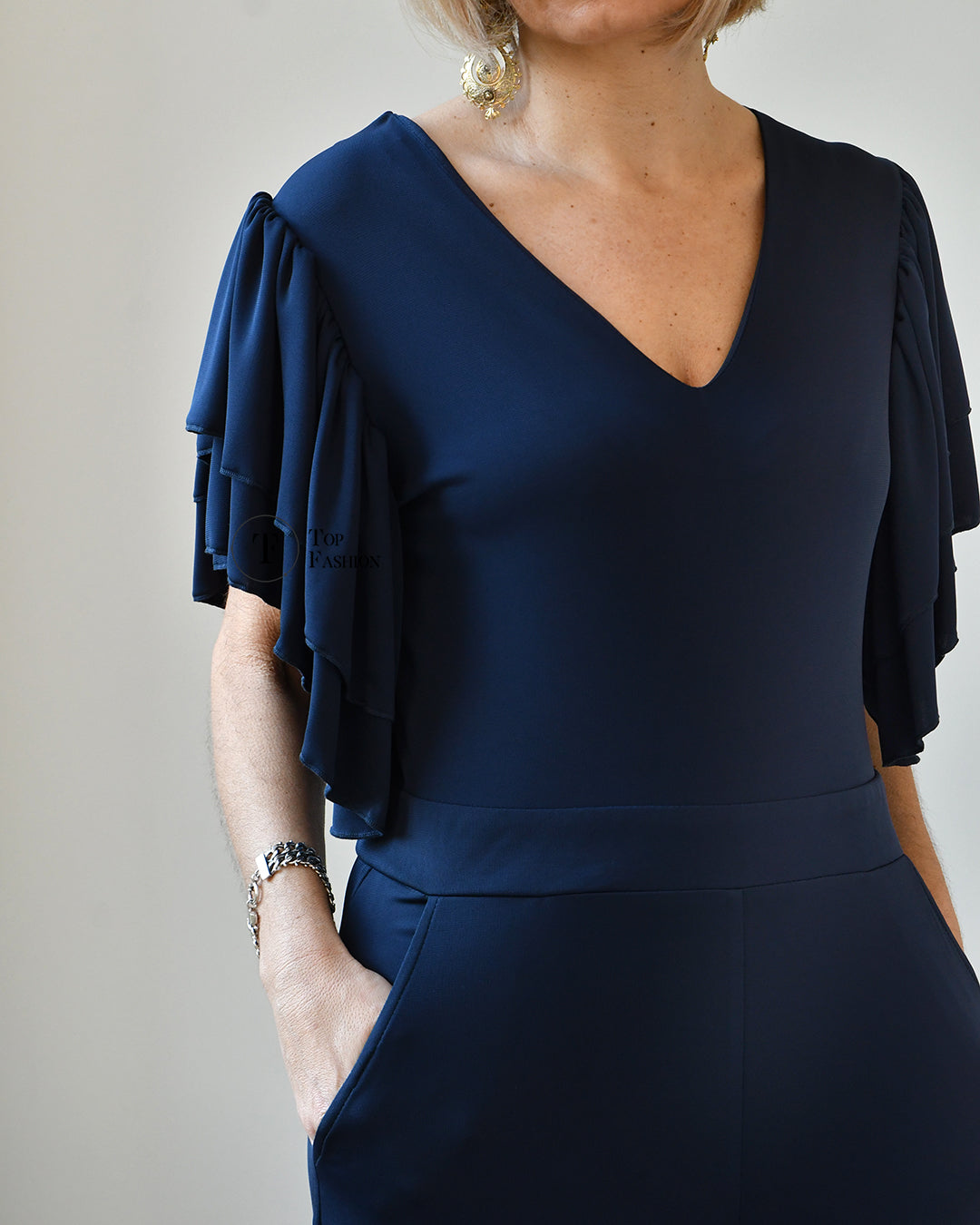 Jumpsuit Malha Fria Azul sem Manga com Folhos