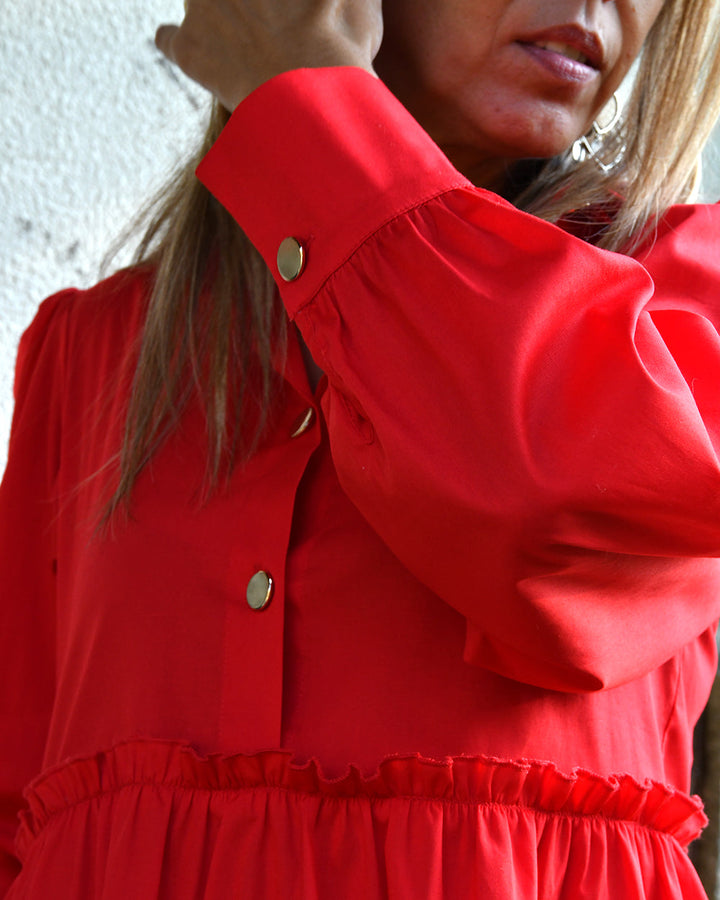Vestido Camiseiro Vermelho C/Folhos