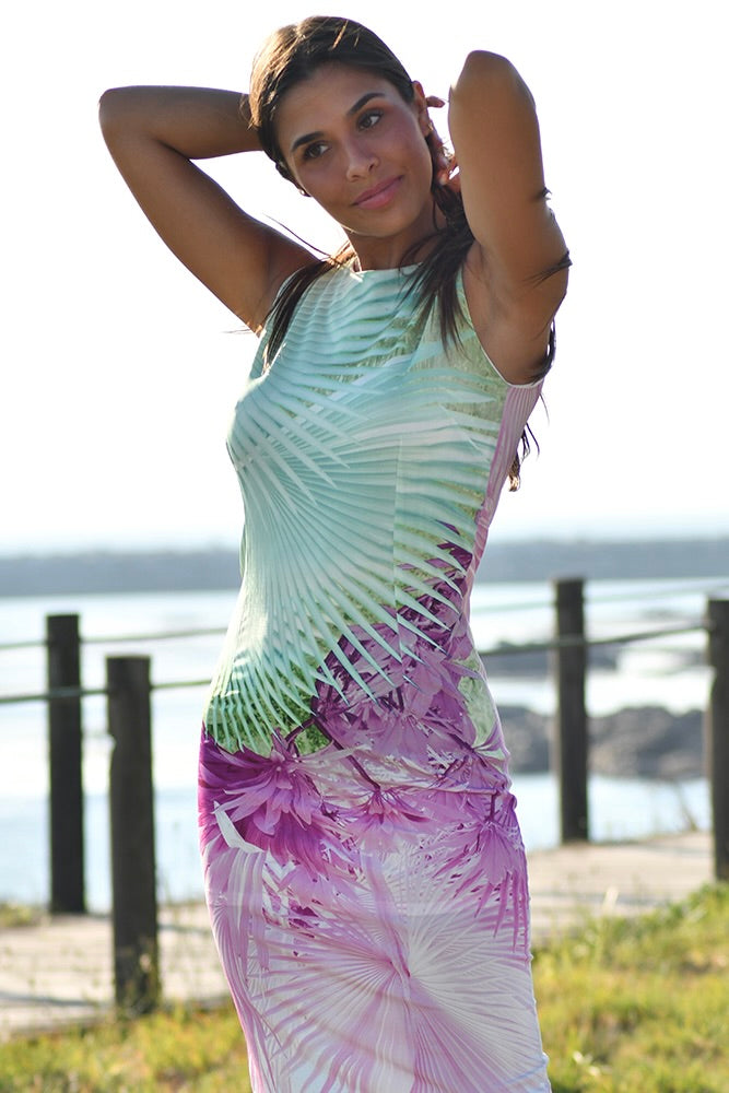 Vestido sem Manga Florido Verde e Lilás