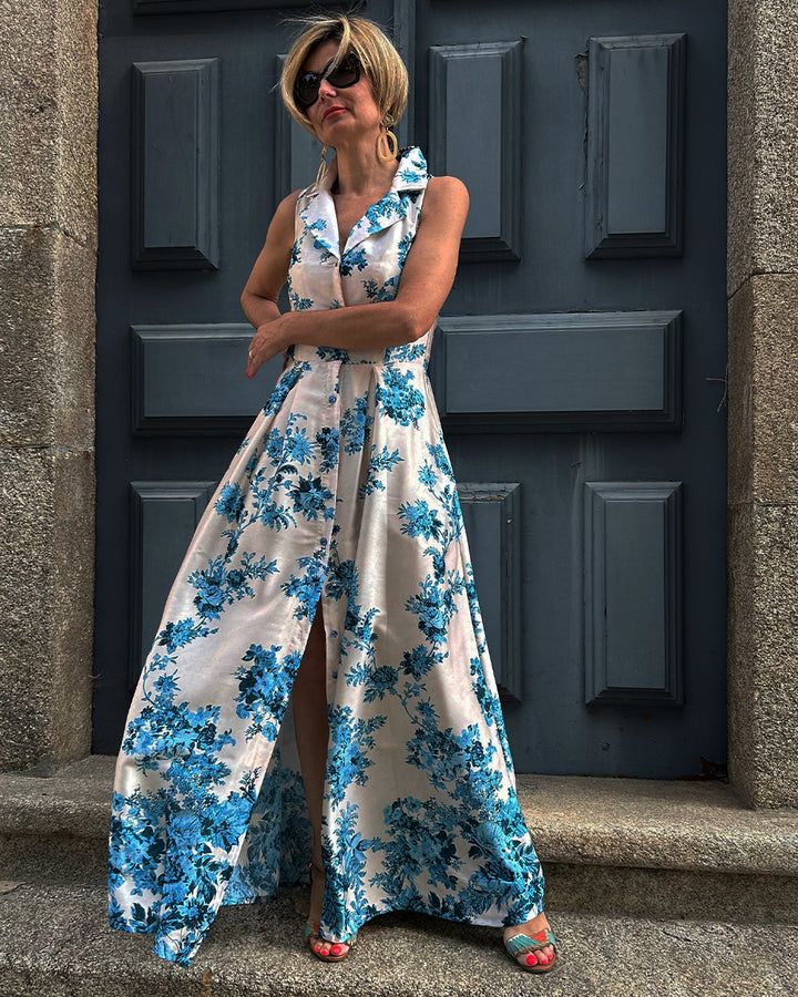 Vestido Comprido Camiseiro sem Manga Azul e Branco