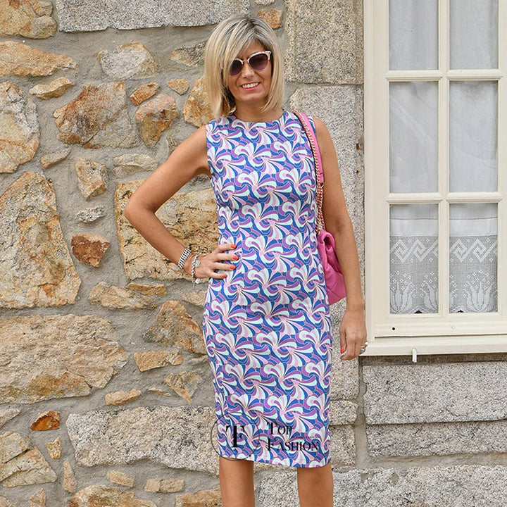 Vestido S/Manga Padrão Azul e Lilás