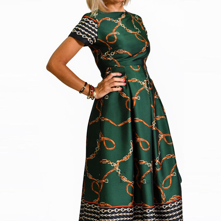 Vestido Rodado Verde com Padrão de Correntes
