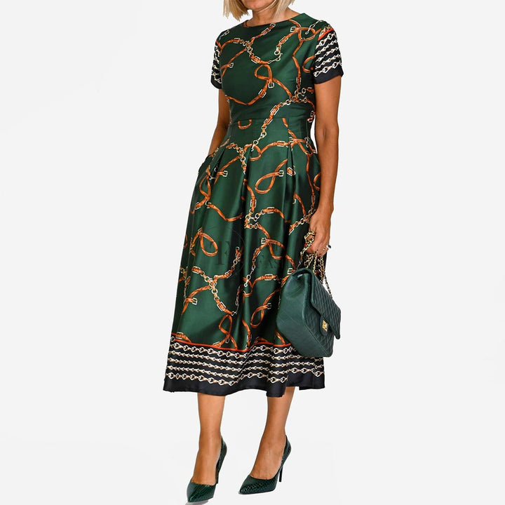 Vestido Rodado Verde com Padrão de Correntes