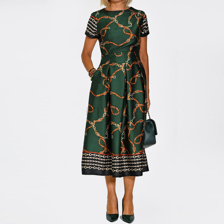 Vestido Rodado Verde com Padrão de Correntes