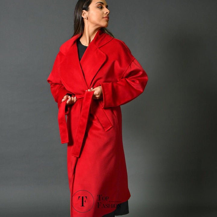 Sobretudo de Fazenda Vermelha com Gola e Cinto