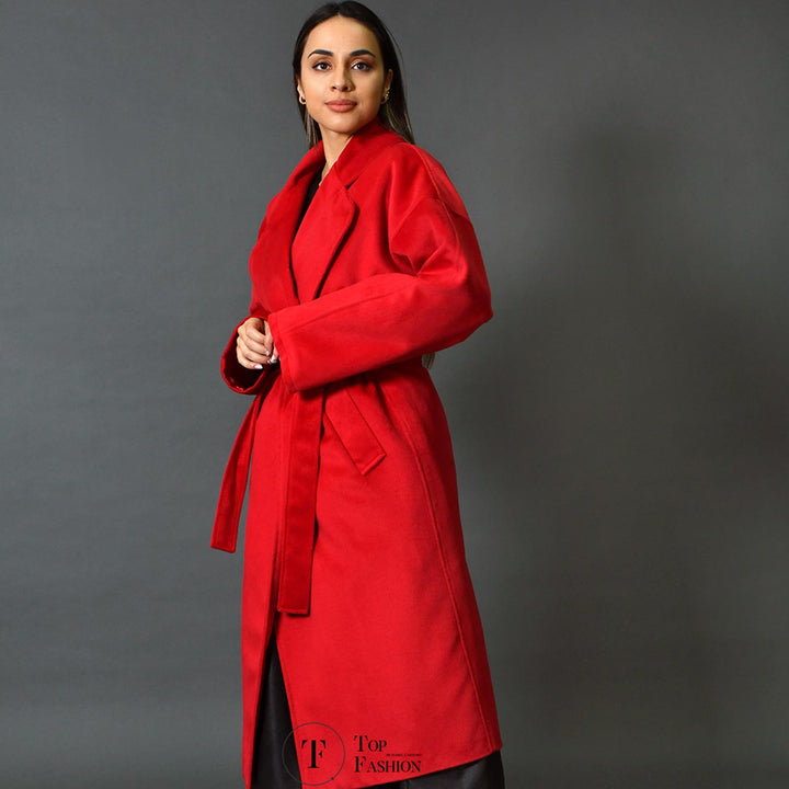 Sobretudo de Fazenda Vermelha com Gola e Cinto