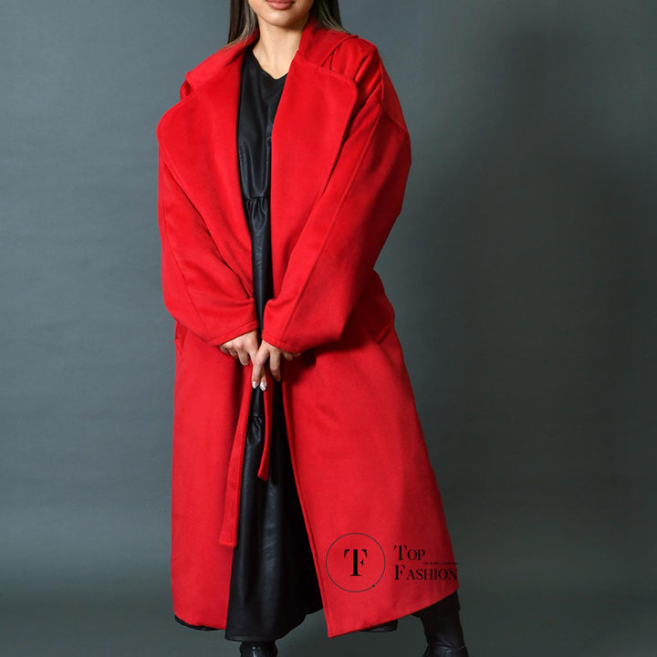 Sobretudo de Fazenda Vermelha com Gola e Cinto