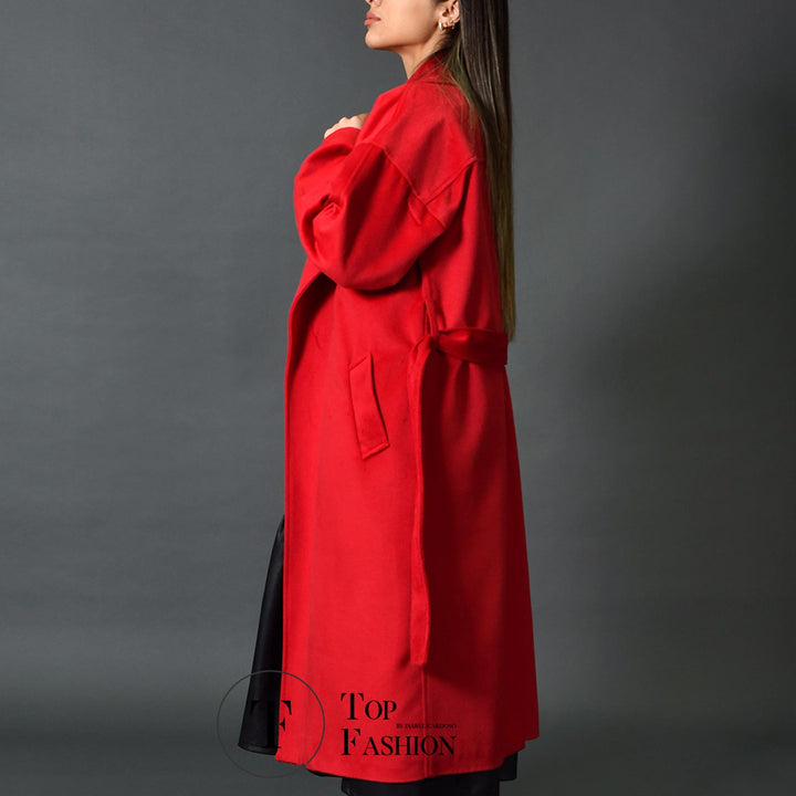 Sobretudo de Fazenda Vermelha com Gola e Cinto