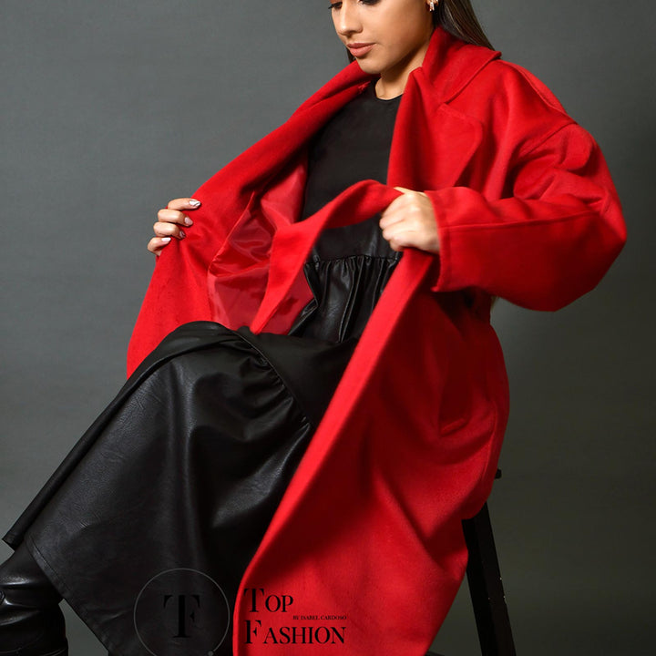 Sobretudo de Fazenda Vermelha com Gola e Cinto