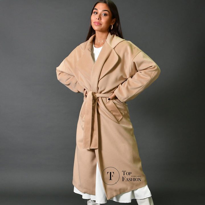 Sobretudo de Fazenda Bege com Gola e Cinto