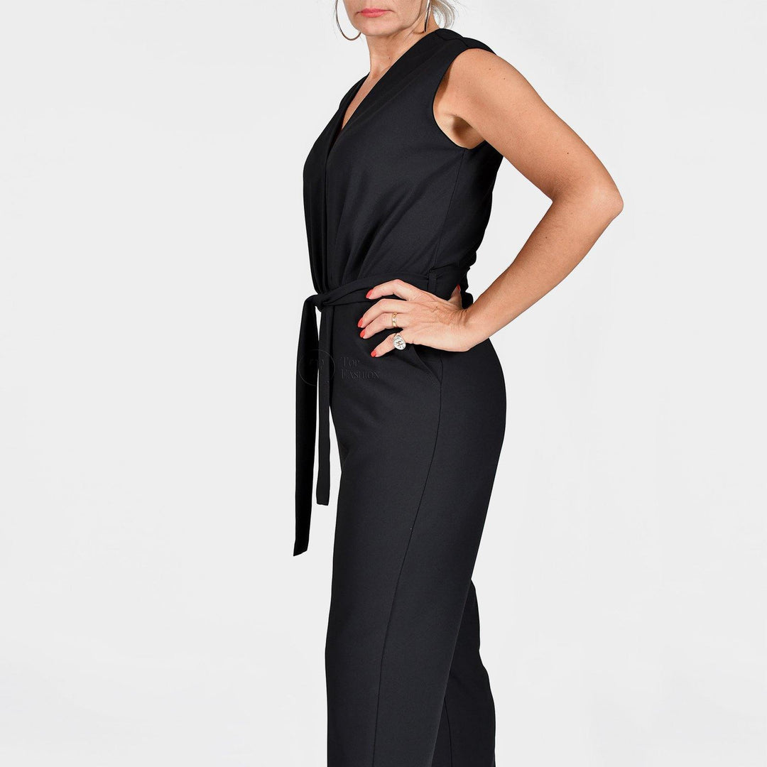 Jumpsuit Preto S/Manga C/Cinto - Top Fashion - Moda 100% Nacional