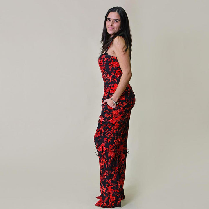 Jumpsuit Preto e Vermelho Florido de Alças