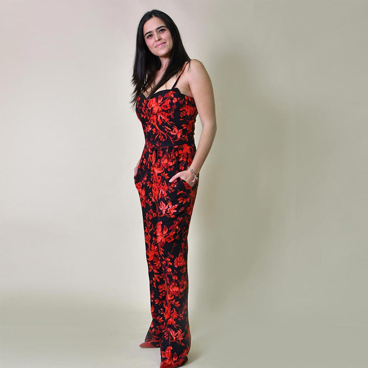 Jumpsuit Preto e Vermelho Florido de Alças